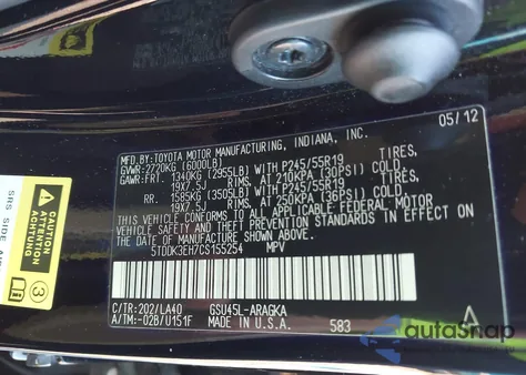 2012 Toyota Highlander Limited V6 z USA, uszkodzony, nr VIN 5TDDK3EH7CS155254